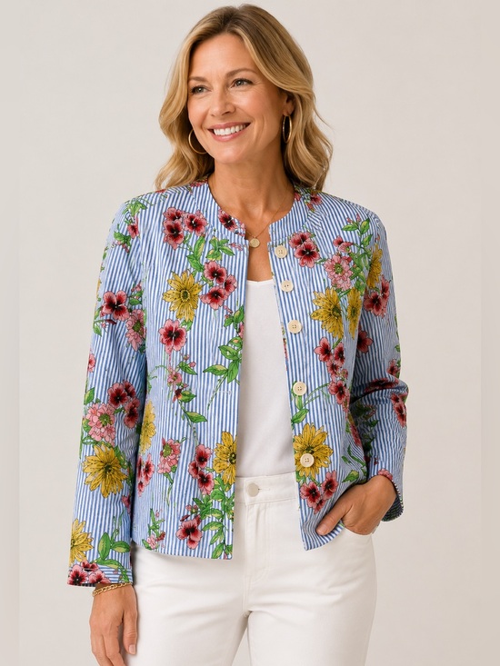 Rafaella Tops - Rafaella Floral Striped Jacket Lightweight Women’s Button Front Blazer Size 1X